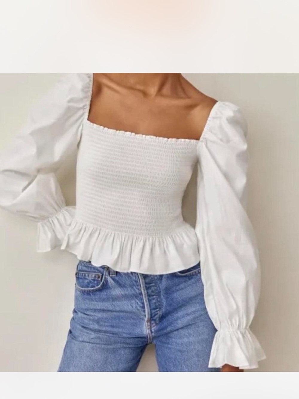 Reformation White Smocked Square-Neck Top with Peplum & Puff Sleeves